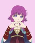  1girl absurdres bangs brooch dress fire_emblem fire_emblem:_seima_no_kouseki fire_emblem_heroes heart heart_hands highres jewelry looking_at_viewer lute_(fire_emblem) multi-tied_hair purple_hair shawl solo twintails vintoriart violet_eyes 
