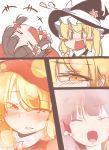  &gt;_&lt; +++ 2girls :d anger_vein angry arm_hug bare_shoulders blonde_hair blouse blush blush_stickers bow brown_hair chocolate_hair close-up d: detached_sleeves frown gokuu_(acoloredpencil) hair_bow hair_tubes hakurei_reimu hat highres kirisame_marisa large_bow laughing looking_to_the_side medium_hair multiple_girls open_mouth ponytail prank red_eyes smile squinting sweat tearing_up tears touhou turtleneck upset v-shaped_eyebrows vest witch_hat xd yellow_eyes yuri 