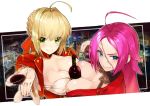  2girls ahoge alcohol between_breasts blonde_hair blue_eyes bottle breast_press breasts cleavage closed_mouth cup drinking_glass epaulettes facial_scar fate/extra fate_(series) francis_drake_(fate) green_eyes highres large_breasts long_hair looking_at_viewer multiple_girls nero_claudius_(fate) nero_claudius_(fate)_(all) pink_hair scar short_hair smile symmetrical_docking utayoi_(umakatare) wine wine_bottle wine_glass 