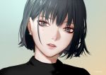  1girl artist_name bangs black_hair brown_eyes close-up earrings expressionless eyeshadow face gradient gradient_background green_eyes inanome_me jewelry lips looking_at_viewer makeup multicolored multicolored_eyes original parted_lips shiny shiny_hair solo tsurime upper_body 