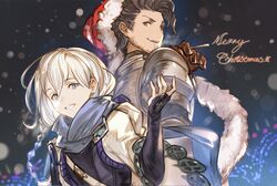  2boys arm_up armor back-to-back blue_eyes braid brown_eyes brown_hair facial_hair granblue_fantasy hat looking_at_viewer male_focus merry_christmas minaba_hideo multiple_boys noah_(granblue_fantasy) official_art rackam_(granblue_fantasy) santa_hat single_braid smile stubble upper_body white_hair 