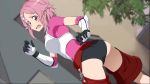  1girl ass black_panties breastplate dutch_angle elbow_gloves embarrassed game_cg gloves hair_ornament hairclip highres indoors leaning_forward lisbeth looking_back official_art open_mouth panties pink_hair pink_shirt red_eyes shirt short_hair short_sleeves solo standing sword_art_online:_fatal_bullet underwear 