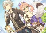  1boy 2girls atelier_(series) atelier_escha_&amp;_logy ba_kuro blonde_hair blush breasts character_request cleavage closed_eyes commentary_request embarrassed escha_malier grabbing green_eyes hair_ornament logix_ficsario long_sleeves medium_breasts multiple_girls open_mouth pink_hair smile sweatdrop twintails white_hair 