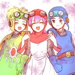  1girl 2boys blonde_hair breasts cape commentary_request dragon_quest dragon_quest_ii goggles goggles_on_head goggles_on_headwear hood long_hair multiple_boys prince_of_lorasia prince_of_samantoria princess_of_moonbrook purple_hair short_hair spiky_hair 