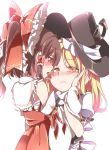  2girls 3: :d arm_hug bare_shoulders belt blonde_hair blouse blush brown_hair cheek_squash detached_sleeves eye_contact fingernails gokuu_(acoloredpencil) hakurei_reimu hands_on_another&#039;s_cheeks hands_on_another&#039;s_face hat highres imminent_kiss kirisame_marisa looking_at_another medium_hair multiple_girls open_mouth ponytail puffy_short_sleeves puffy_sleeves red_eyes ribbon-trimmed_sleeves ribbon_trim sarashi short_sleeves skirt skirt_set smile squinting touhou turtleneck vest wide_sleeves witch_hat yellow_eyes yuri 