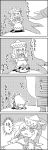  4koma animal_ears between_legs bow cat_ears cat_tail comic commentary_request greyscale hair_bow hat hat_bow highres kaenbyou_rin kneeling lily_white long_hair monochrome multiple_tails out_of_frame skirt skirt_set tail tani_takeshi touhou translation_request tree yukkuri_shiteitte_ne 