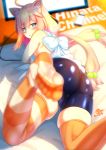  1girl :o ahoge animal_ears ass bike_shorts blue_eyes blurry blush_stickers breasts cat_ears cellphone commentary_request copyright_name hair_bobbles hair_ornament highres hinata_channel k.ty_(amejin) long_hair looking_at_viewer looking_back lying mismatched_legwear nekomiya_hinata on_stomach orange_legwear phone pink_hair sideboob soles solo striped striped_legwear twintails 