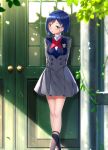  1girl black_legwear blue_hair blurry blurry_foreground blush breasts commentary_request darling_in_the_franxx day depth_of_field door green_eyes grey_jacket grey_skirt hair_ornament hairclip highres ichigo_(darling_in_the_franxx) jacket long_sleeves looking_away looking_to_the_side medium_breasts outdoors parted_lips pleated_skirt school_uniform short_hair skirt socks solo standing sunlight swordsouls 