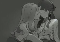  2girls assisted_exposure blush bra breasts cleavage closed_eyes eyeshadow greyscale kagari_atsuko little_witch_academia long_hair long_sleeves looking_at_another makeup monochrome multiple_girls off_shoulder open_mouth saliva saliva_trail sucy_manbavaran sweat unbuttoning underwear usurik yuri 