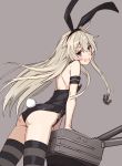  1girl :d ahoge alternate_costume anchor_symbol animal_ears arm_strap ass bangs bare_shoulders black_hairband black_leotard blonde_hair brown_eyes bunny_tail bunnysuit eyebrows_visible_through_hair fake_animal_ears fake_tail from_side grey_background hairband highres kantai_collection leaning_forward leotard long_hair looking_at_viewer looking_to_the_side open_mouth rabbit_ears rensouhou-chan ribbon shimakaze_(kantai_collection) side-tie_leotard simple_background smile solo striped striped_legwear tail takanashi_kei_(hitsujikan) thigh-highs turret very_long_hair white_ribbon 