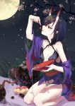  1girl alcohol bare_shoulders blueberry cherry collarbone commentary_request cup fate/grand_order fate_(series) food fruit full_moon holding holding_food horns hujitaumi japanese_clothes kimono moon night night_sky off_shoulder oni oni_horns open_clothes open_kimono outdoors petals print_kimono purple_hair purple_kimono revealing_clothes sakazuki sake seiza short_hair short_kimono shuten_douji_(fate/grand_order) sitting sky solo spilling tree violet_eyes 