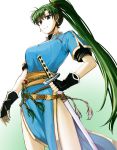  1girl absurdres bangs belt breasts commentary delsaber earrings fingerless_gloves fire_emblem fire_emblem:_rekka_no_ken gloves gradient gradient_background green_eyes green_hair hand_on_hip highres holding jewelry long_hair looking_at_viewer lyndis_(fire_emblem) medium_breasts pelvic_curtain ponytail sheath sheathed short_sleeves simple_background smile solo sword weapon 