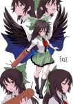  1girl arm_cannon artist_name black_footwear black_hair black_legwear black_wings blush bow breasts cape closed_eyes collared_shirt commentary_request expressions feathered_wings fkey full_body green_bow green_skirt hair_bow highres kneehighs long_hair looking_at_viewer mary_janes medium_breasts miniskirt multiple_views open_mouth puffy_short_sleeves puffy_sleeves red_eyes reiuji_utsuho shirt shoes short_sleeves simple_background skirt smile standing touhou upper_body weapon white_background white_cape white_shirt wings 