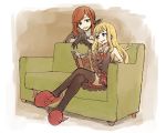  2girls blonde_hair book brown_hair cagliostro_(granblue_fantasy) clarisse_(granblue_fantasy) collared_shirt commentary commentary_request couch gloves granblue_fantasy green_eyes grin long_hair multiple_girls older shirt skirt smile thigh-highs turtleneck violet_eyes wanotsuku 