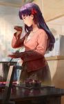  1girl bow casual collarbone commentary cooking dish dutch_angle fate/stay_night fate_(series) hair_bow happy_birthday highres indoors jeanex kitchen long_hair matou_sakura microwave mole mole_under_eye pot profile purple_hair saucer solo steam stove 