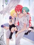  alternate_costume androgynous bandage bed blonde_hair candy child closed_eyes contemporary curtains food green_eyes green_hair highres hospital_bed houseki_no_kuni lollipop long_hair morino_itsuki padparadscha_(houseki_no_kuni) phosphophyllite red_eyes redhead short_hair shorts sitting sitting_on_person slippers smile suspenders thigh-highs yellow_diamond_(houseki_no_kuni) younger 