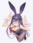  1girl animal_ears arms_up black_hair black_leotard blue_eyes breasts bunny_pose bunnysuit cleavage detached_collar from_above fumikiri grey_legwear kantai_collection leotard long_hair looking_at_viewer medium_breasts necktie ooyodo_(kantai_collection) pantyhose rabbit_ears red_neckwear simple_background smile solo strapless strapless_leotard w_arms white_background wrist_cuffs 