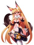  1girl animal_ears bare_shoulders blonde_hair blush boots bow breasts bridal_gauntlets cleavage curvy ezo_red_fox_(kemono_friends) fox_ears fox_tail highres japari_symbol kemono_friends large_breasts leotard long_hair looking_at_viewer nagai_wataru orange_eyes see-through shiny shiny_clothes solo tail thigh-highs thigh_boots very_long_hair white_bow white_neckwear wide_hips 