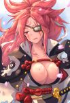  966 amputee baiken breasts cherry_blossoms cleavage eyepatch facial_tattoo guilty_gear guilty_gear_xrd highres japanese_clothes kataginu katana kimono large_breasts long_hair obi one-eyed open_clothes open_kimono pink_hair sash scar scar_across_eye sheath sword tattoo weapon 