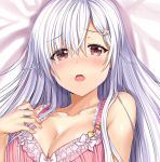  1girl aldehyde bare_shoulders bed_sheet blush bow bow_bra bra breasts cleavage close-up collarbone dakimakura eyebrows_visible_through_hair eyes_visible_through_hair frilled_bra frills hair_between_eyes hair_ornament hairclip large_breasts long_hair looking_at_viewer lying neeko nose_blush on_back open_mouth original pink_bra red_eyes silver_hair solo underwear upper_body white_bow 