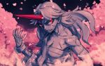  1girl cherry_blossoms cuffs fang glaring glowing glowing_eye horn hoshiguma_yuugi long_hair looking_at_viewer meimaru_inuchiyo oni petals pointy_ears red_eyes sarashi scar solo touhou 