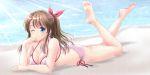  1girl barefoot bikini blue_eyes brown_hair full_body hair_ribbon highres light_rays looking_at_viewer lying moon_wind ocean on_stomach one_eye_closed original pink_bikini polka_dot polka_dot_bikini ponytail red_ribbon ribbon side-tie_bikini solo sunbeam sunlight swimsuit 