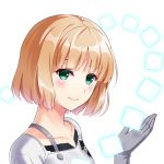 1girl bangs blonde_hair blunt_bangs blush closed_mouth collarbone cube emblem floating floating_object gloves glowing green_eyes grey_gloves hand_up huyumitsu lips looking_at_viewer nasu_rei no_pupils shiny shiny_hair short_hair simple_background smile solo upper_body white_background world_trigger 