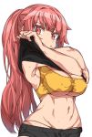  1girl armpits black_panties bra breasts cleavage erect_nipples erere girls_frontline groin long_hair looking_at_viewer navel panties parted_lips pink_eyes pink_hair shorts simple_background solo sports_bra sweat under_boob underwear very_long_hair white_background yellow_bra 