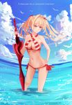  1girl bikini bird blonde_hair blue_sky breasts cleavage clouds collarbone day eyebrows_visible_through_hair fate/grand_order fate_(series) floating_hair green_eyes groin hair_between_eyes hair_ribbon halterneck hand_on_hip highres holding holding_sword holding_weapon large_breasts long_hair navel nero_claudius_(fate)_(all) nero_claudius_(swimsuit_caster)_(fate) ocean outdoors red_bikini red_ribbon ribbon sideboob sky smile solo striped striped_bikini swimsuit sword twintails wading weapon 