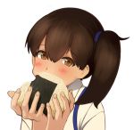  1girl bite_mark blush brown_eyes brown_hair commentary_request eating eyebrows_visible_through_hair fingernails food hair_between_eyes hair_tie hands_up head_tilt holding holding_food japanese_clothes kaga_(kantai_collection) kantai_collection looking_at_viewer side_ponytail simple_background smile solo taka_(takahirokun) upper_body white_background 