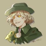  1boy blonde_hair brown_background dated edmond_dantes_(fate/grand_order) fang fate/grand_order fate_(series) green_hat hat luozhou_pile portrait signature sketch smile solo yellow_eyes 