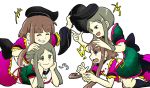  !? 2girls black_bow black_hat bow breath brown_hair closed_eyes dress frills green_dress green_eyes grin hand_on_another&#039;s_head hat head_rest looking_at_another lying multiple_girls multiple_views nishida_satono on_person on_stomach open_mouth purple_dress red_ribbon ribbon short_sleeves smile taeshiru tate_eboshi teireida_mai touhou upper_body violet_eyes yellow_ribbon 