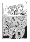  3girls biwa_lute comic dress drum drum_set drumsticks flower greyscale hair_flower hair_ornament headband highres horikawa_raiko instrument koto_(instrument) long_hair long_sleeves lute_(instrument) monochrome multiple_girls necktie shirt short_hair skirt suit_jacket tako_(plastic_protein) touhou translation_request tsukumo_benben tsukumo_yatsuhashi tsukumogami twintails 