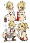  1girl :d aqua_eyes bikini black_legwear blonde_hair braid breasts cleavage cola fang fate/apocrypha fate/grand_order fate_(series) flying_sweatdrops groin jewelry kneehighs loafers long_hair looking_at_viewer midriff mordred_(fate) mordred_(fate)_(all) mordred_(swimsuit_rider)_(fate) nakatokung navel necklace open_mouth ponytail red_bikini school_uniform serafuku shoes simple_background smile solo squatting swimsuit teeth white_background 
