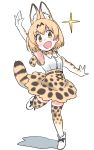  1girl :d animal_ears animal_print blonde_hair bow bowtie commentary_request elbow_sleeve extra_ears eyebrows_visible_through_hair hands_up high-waist_skirt highres kemono_friends leopard_print open_mouth sandstar serval_(kemono_friends) serval_ears serval_print serval_tail shadow short_hair simple_background skirt smile standing standing_on_one_leg tail thigh-highs white_background yellow_eyes zettai_ryouiki zk_(zk_gundan) 