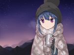  1girl blue_hair coraman cup fingerless_gloves gloves hat long_sleeves mug night night_sky scarf shima_rin sky solo yurucamp 