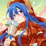  1girl blue_eyes blue_hair blush dress fire_emblem fire_emblem:_fuuin_no_tsurugi fire_emblem_heroes gift gloves hat lilina long_hair looking_at_viewer simple_background solo yuki_(sumaburalove) 