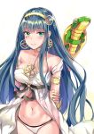  1girl armlet arms_behind_back babydoll bangs bare_shoulders blue_hair blunt_bangs blush breasts buckle cleavage cleopatra_(fate/grand_order) closed_mouth collar cowboy_shot earrings eyebrows_visible_through_hair facial_mark fate/grand_order fate_(series) green_eyes hairband hand_on_own_arm highres jewelry konka lips long_hair looking_at_viewer medium_breasts navel off_shoulder panties ring shiny shiny_hair smile snake solo standing stomach straight_hair two-tone_background underwear underwear_only very_long_hair white_panties 