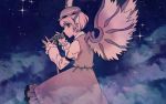  1girl dress feathered_wings fingernails hat long_fingernails looking_at_viewer meimaru_inuchiyo microphone microphone_stand mystia_lorelei night night_sky pink_eyes pink_hair short_hair sky solo star_(sky) starry_sky touhou wing_ears winged_hat wings 