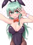  1girl aqua_hair black_leotard blush breasts bunnysuit cleavage collarbone covered_navel detached_collar green_eyes hair_between_eyes hair_ornament hairclip heart heart-shaped_pupils highres kantai_collection kihou_no_gotoku_dmc large_breasts leotard long_hair looking_at_viewer open_mouth pantyhose polka_dot polka_dot_background simple_background solo suzuya_(kantai_collection) symbol-shaped_pupils upper_body white_background wrist_cuffs 