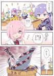  4girls blue_bow blue_flower bow comic demon_pillar_(fate/grand_order) fate/grand_order fate_(series) flower glasses habit hair_bow hair_over_one_eye holding_pot leaf long_sleeves mash_kyrielight meltlilith multiple_girls navel necktie open_mouth passion_lip pink_bow pink_flower pink_hair plant pot potted_plant purple_flower red_neckwear rioshi sesshouin_kiara short_hair sleeves_past_fingers sleeves_past_wrists translated vines violet_eyes watering_can 