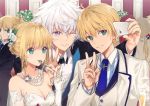 2boys 2girls ;) ahoge artoria_pendragon_(all) bangs bare_shoulders black_jacket blonde_hair blue_neckwear breasts cellphone cleavage collared_shirt cup dangmill dress drinking_glass earrings elbow_gloves eyebrows_visible_through_hair fate_(series) flower fork formal gloves green_eyes hair_flower hair_ornament holding holding_phone indoors jacket jewelry long_sleeves medium_breasts merlin_(fate/stay_night) mouth_hold multiple_boys multiple_girls necklace necktie one_eye_closed open_clothes open_jacket pearl_necklace phone ponytail rose saber saber_(fate/prototype) shiny shiny_hair shirt sidelocks silver_hair smartphone smile strapless strapless_dress striped striped_shirt suit taking_picture upper_body v vertical-striped_shirt vertical_stripes violet_eyes white_dress white_flower white_gloves white_jacket white_rose white_shirt wing_collar 