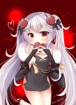  1girl azur_lane bangs bare_shoulders black_bow black_dress black_footwear blue_bow blush bow box breasts bridal_gauntlets brown_eyes china_dress chinese_clothes closed_mouth commentary_request dress eyebrows_visible_through_hair fang fang_out gift gift_box hair_bow hair_ornament heart heart-shaped_box heart_hair_ornament high_heels holding holding_gift long_hair looking_at_viewer petals red_background red_bow short_dress silver_hair sleeveless sleeveless_dress small_breasts smile solo twintails vampire_(azur_lane) very_long_hair yukiyuki_441 