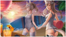  2girls animal_ears ass beach clouds dog_ears dog_tail drinking_straw dusk elin_(tera) green_eyes hairband hand_holding highres holding long_hair looking_back mavoly multiple_girls ocean one-piece_swimsuit outdoors ponytail school_swimsuit silver_hair sky smile surfboard swimsuit tail tera_online thigh-highs towel twintails white_legwear white_school_swimsuit white_swimsuit 