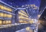  afloat bridge building clouds highres house ice ice_floe mountain night night_sky niko_p no_humans original outdoors path pipes railing revision river road scenery signature sky snow snowing still_life stream town tree water window winter 