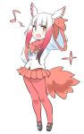  1girl bangs breasts brown_eyes eyebrows_visible_through_hair frilled_sleeves frills gradient_hair hand_on_own_chest hand_up highres japanese_crested_ibis_(kemono_friends) kemono_friends mary_janes multicolored_hair musical_note neck_ribbon open_mouth red_legwear red_skirt ribbon sandstar shirt shoes simple_background skirt small_breasts tail white_background white_shirt zk_(zk_gundan) 