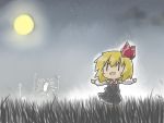  artist_self-insert blonde_hair blush_stickers chibi clouds comic commentary_request fang faux_traditional_media full_moon gomasamune grass hair_ribbon highres long_sleeves moon necktie night open_mouth outstretched_arms rabbit ribbon rumia short_hair skirt smile spread_arms star_(sky) touhou translation_request vest |_| 