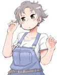  1girl belt blush breasts brown_eyes eyebrows_visible_through_hair fingernails grey_hair hands_up hare_(tetterutei) highres large_breasts original overalls parted_lips shirt short_hair short_sleeves simple_background solo upper_body white_background white_shirt 
