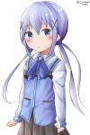  1girl absurdres arms_at_sides bangs black_skirt blue_eyes blue_hair blue_vest blush closed_mouth commentary_request dated eyebrows_visible_through_hair gochuumon_wa_usagi_desu_ka? hair_between_eyes hair_ornament hamayuu_(litore) highres kafuu_chino long_hair long_sleeves looking_at_viewer low_twintails rabbit_house_uniform shirt sidelocks simple_background skirt solo twintails twitter_username uniform very_long_hair vest white_background white_shirt x_hair_ornament 