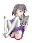  1girl blush eyebrows_visible_through_hair feet feet_together frilled_shirt_collar frills girls_frontline gloves grey_hair grey_shirt highres knees_apart_feet_together looking_at_viewer multicolored_hair no_shoes open_mouth pants pixel_(yuxian) purple_hair purple_pants shirt short_hair short_shorts shorts simple_background sitting solo streaked_hair thigh-highs thompson/center_contender_(girls_frontline) white_background white_legwear zettai_ryouiki 